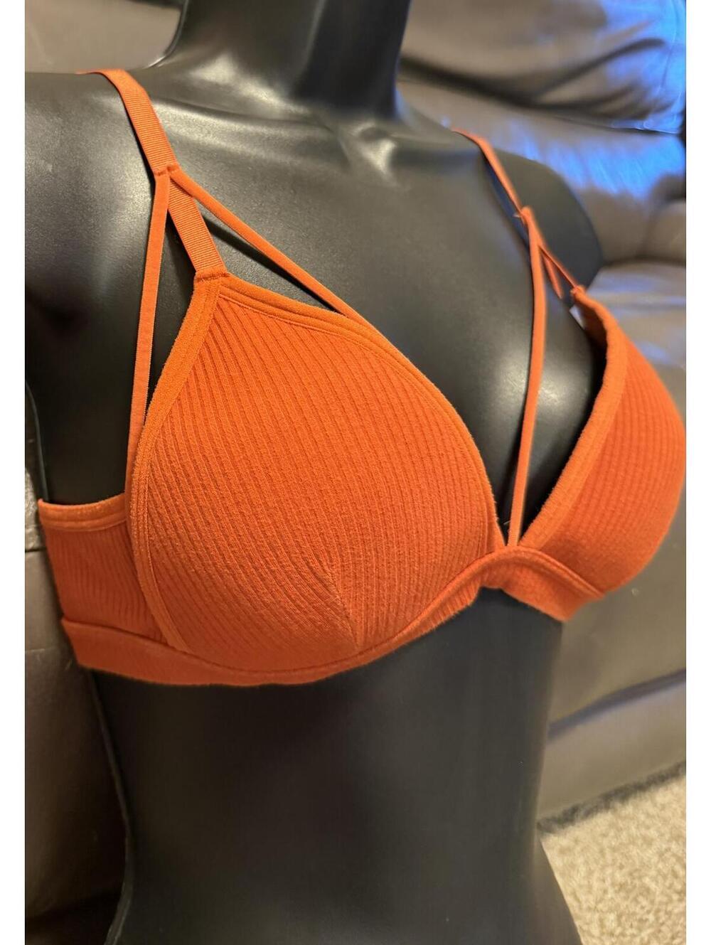 BRA SHEIN Orange Ribbed Strappy Triangle Bralette Size M - Picture 2 of 6